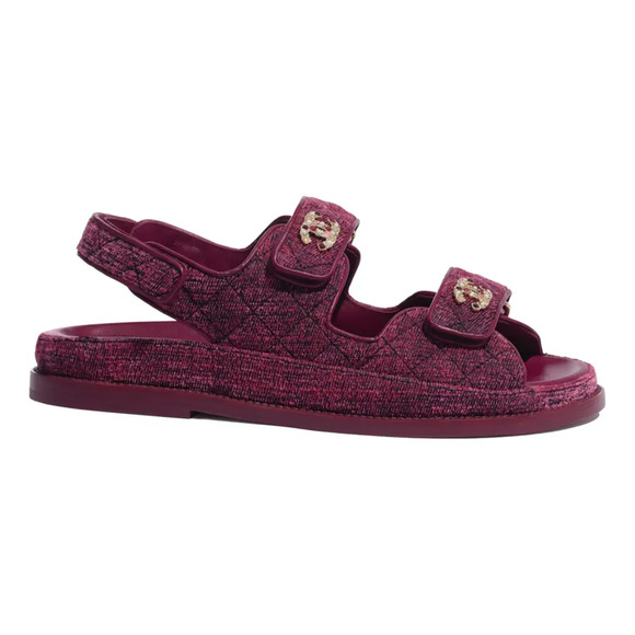 Chanel 21A Pink Velvet Denim CC Logo Mule Slide Strap Flat Teva Dad Sandal 36 - Picture 1 of 12